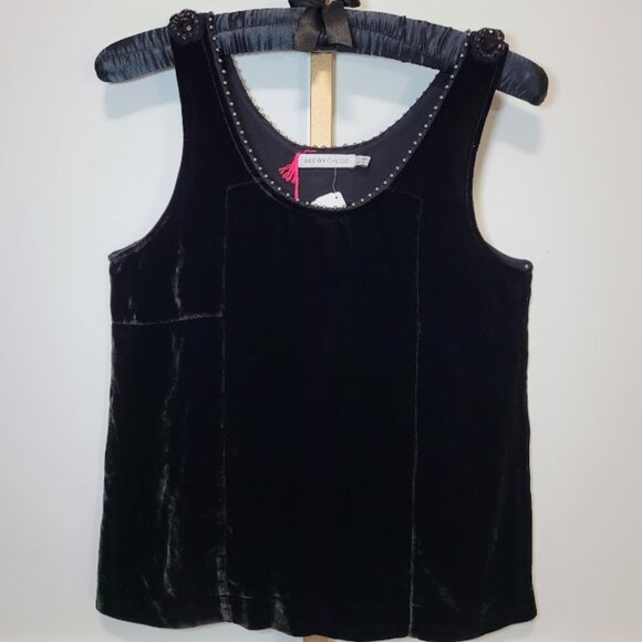 NWT See by Chloe Black Velvet Studded Tank Top 6 - Picture 1 of 14